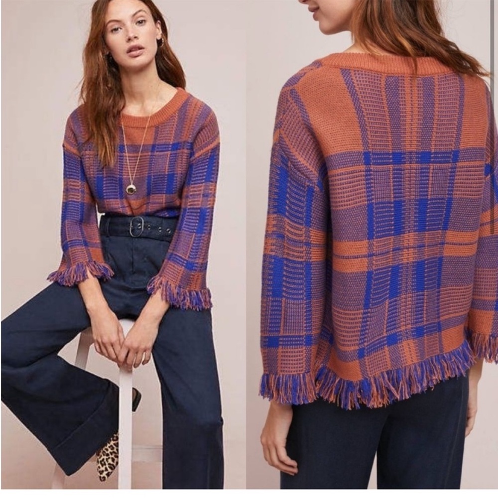 Anthropologie Plaid Sweater in Rust and Cobalt Blue